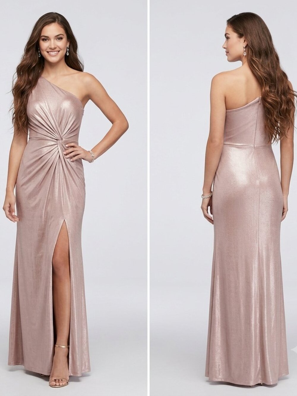 Adrianna Papell Rose Gold Metallic Knot One Shoulder Gown Pink 14